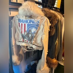 Upcycled white denim with fox collar and cuffs cropped jacket RAMONES PUNK ROCK